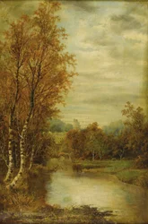 Paisaje de otoño con estanque y torre del castillo